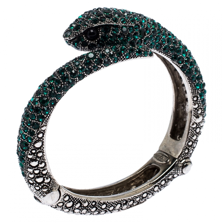 Pre Owned Roberto Cavalli Green Crystal Embellished Serpenti Bracelet and Ring Set 