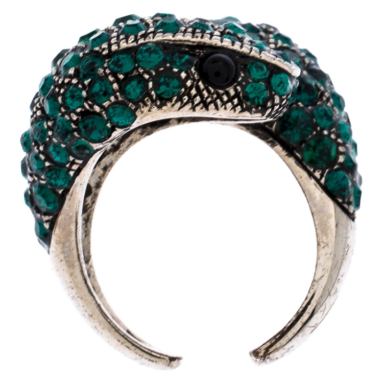 Pre Owned Roberto Cavalli Green Crystal Embellished Serpenti Bracelet and Ring Set 