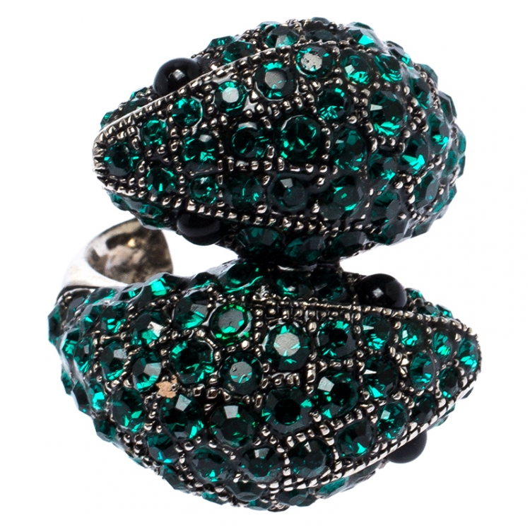 Pre Owned Roberto Cavalli Green Crystal Embellished Serpenti Bracelet and Ring Set 