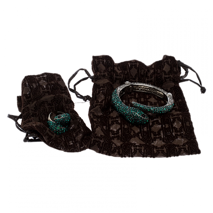 Pre Owned Roberto Cavalli Green Crystal Embellished Serpenti Bracelet and Ring Set 