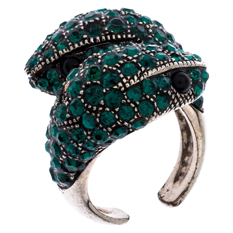 Pre Owned Roberto Cavalli Green Crystal Embellished Serpenti Bracelet and Ring Set 