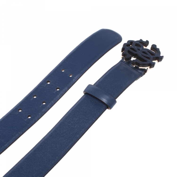 Pre Owned Roberto Cavalli Blue Leather Logo Buckle Belt 90 CM