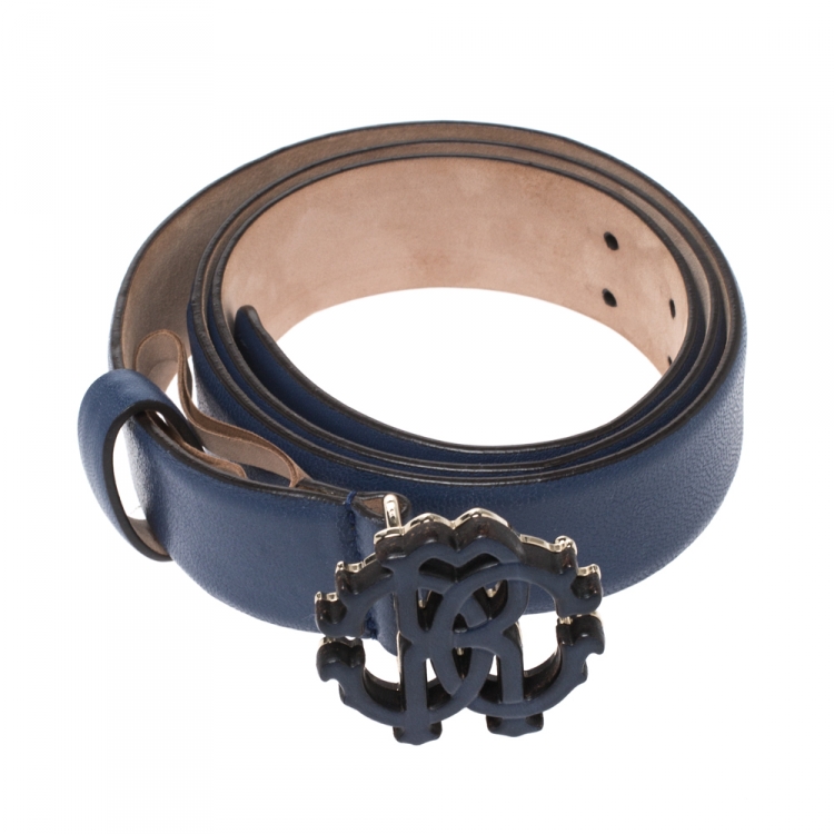 Pre Owned Roberto Cavalli Blue Leather Logo Buckle Belt 90 CM