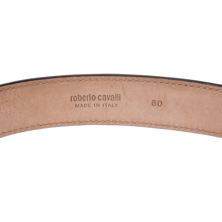 Pre Owned Roberto Cavalli Black Leather Snake Buckle Belt 80CM