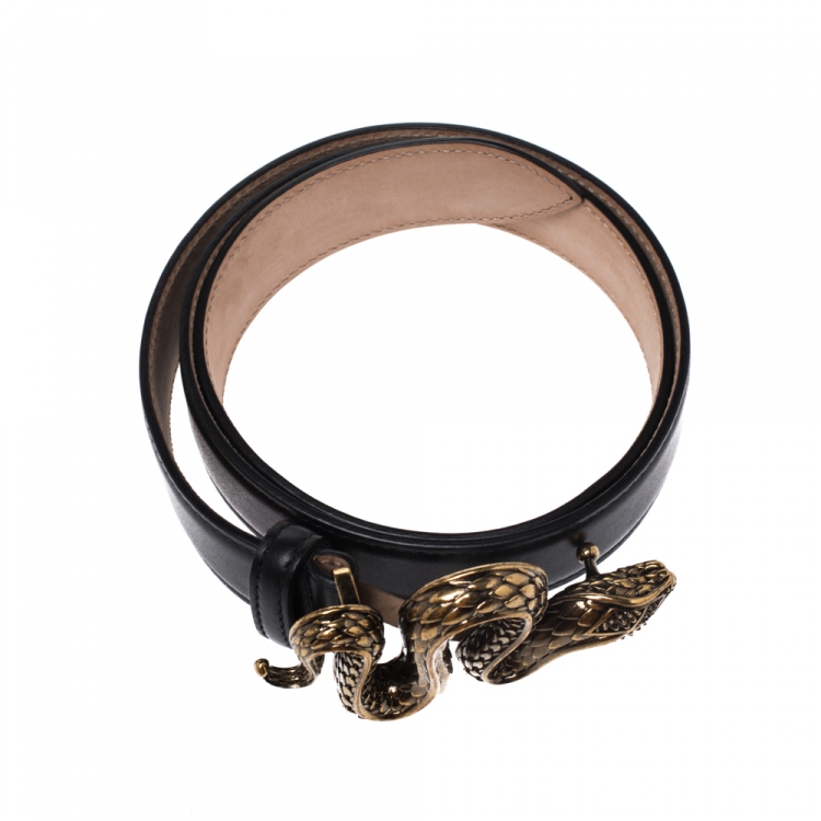 Pre Owned Roberto Cavalli Black Leather Snake Buckle Belt 80CM