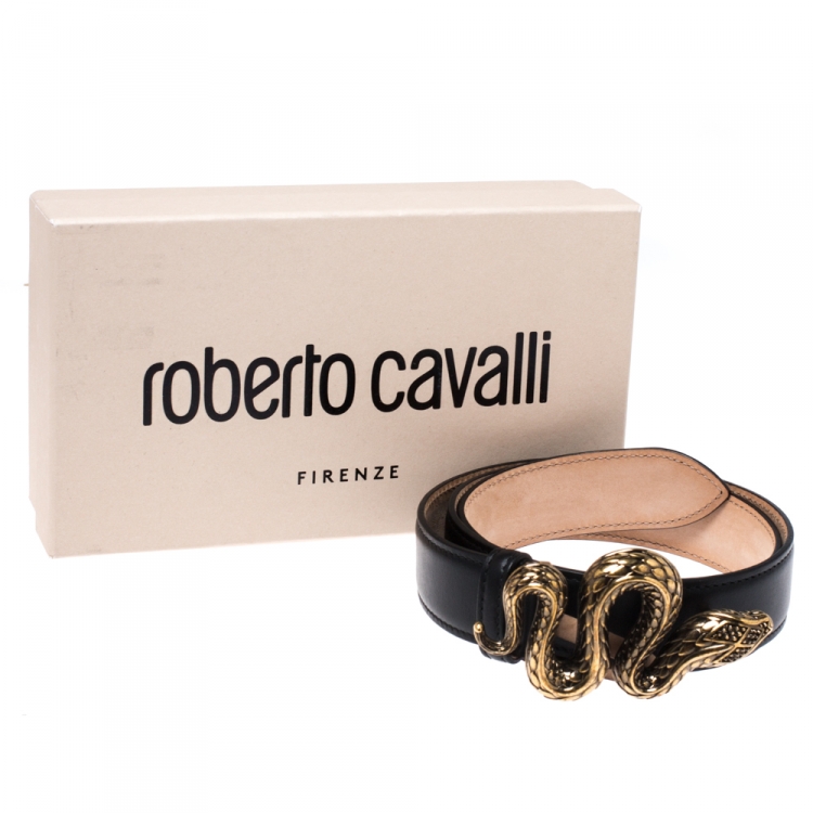 Pre Owned Roberto Cavalli Black Leather Snake Buckle Belt 80CM