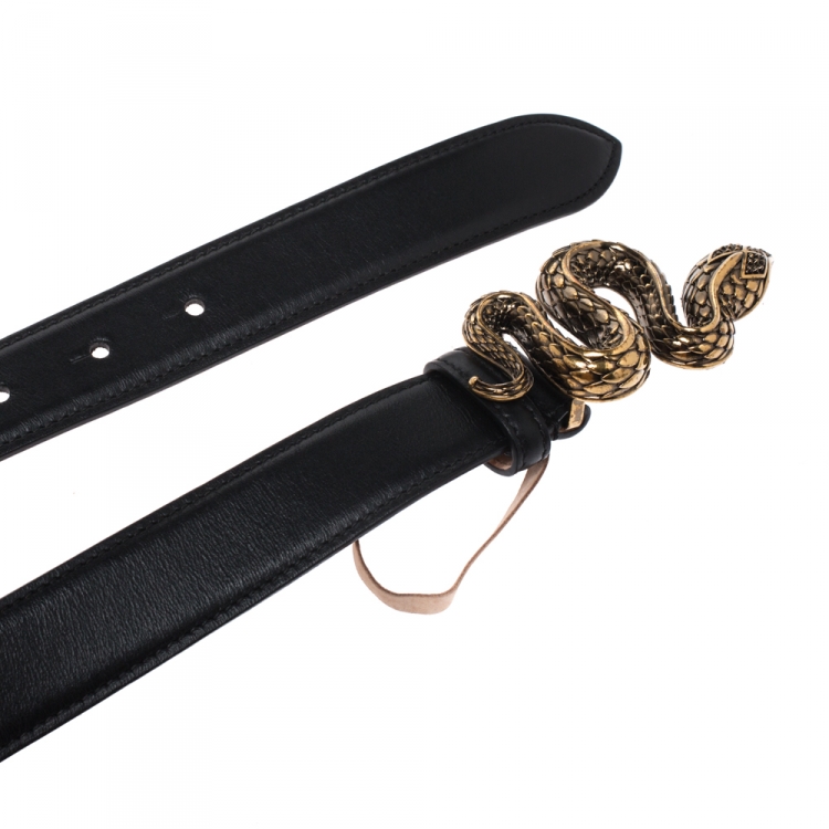 Pre Owned Roberto Cavalli Black Leather Snake Buckle Belt 80CM