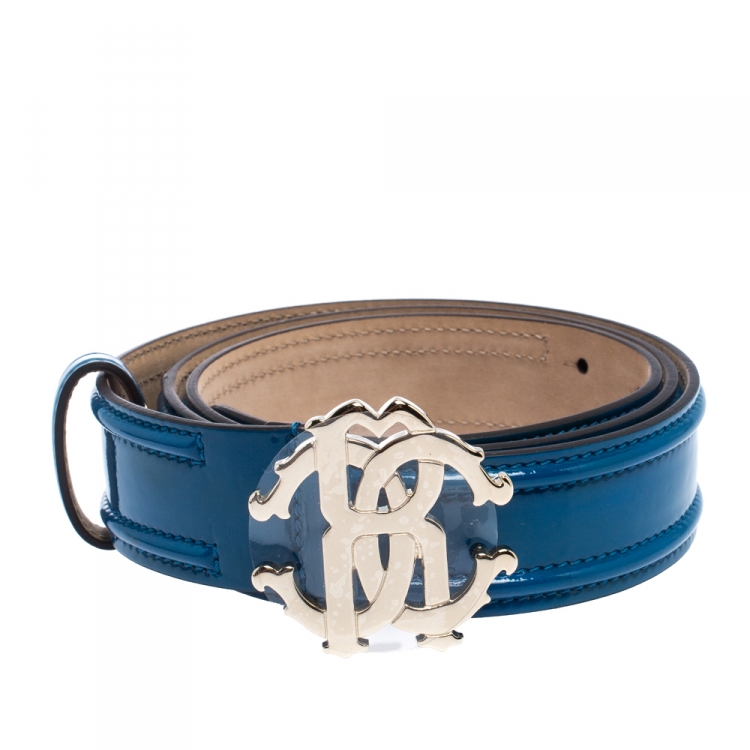Pre Owned Roberto Cavalli Blue Patent Leather Logo Buckle Belt 95CM