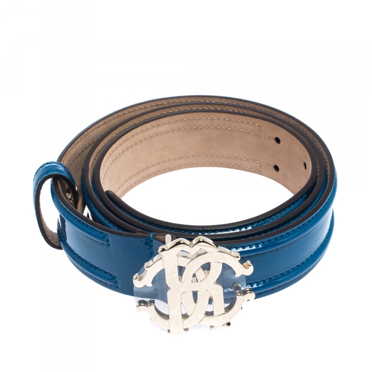 Pre Owned Roberto Cavalli Blue Patent Leather Logo Buckle Belt 95CM