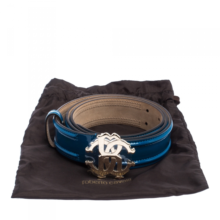 Pre Owned Roberto Cavalli Blue Patent Leather Logo Buckle Belt 95CM