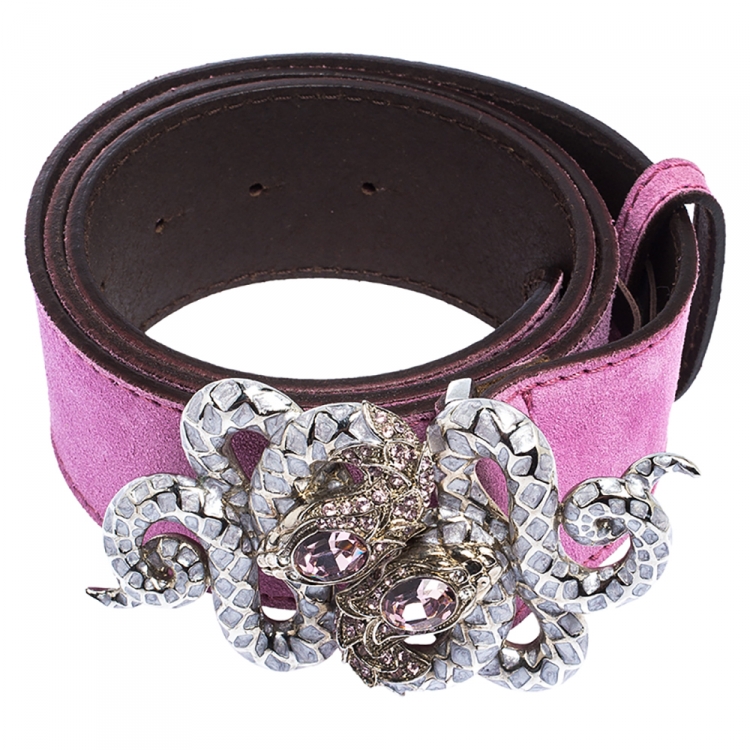Pre Owned Roberto Cavalli Pink Suede Serpent Buckle Belt 95CM