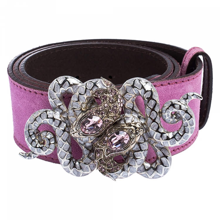 Pre Owned Roberto Cavalli Pink Suede Serpent Buckle Belt 95CM