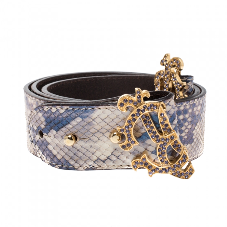 Pre Owned Roberto Cavalli Beige Iridescent Python Logo Buckle Belt 95CM