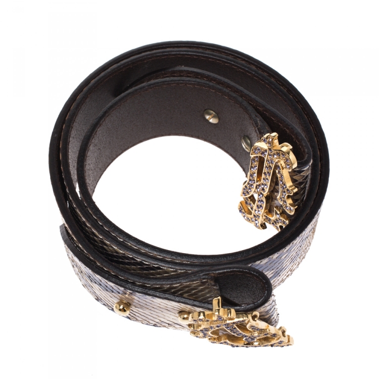 Pre Owned Roberto Cavalli Beige Iridescent Python Logo Buckle Belt 95CM