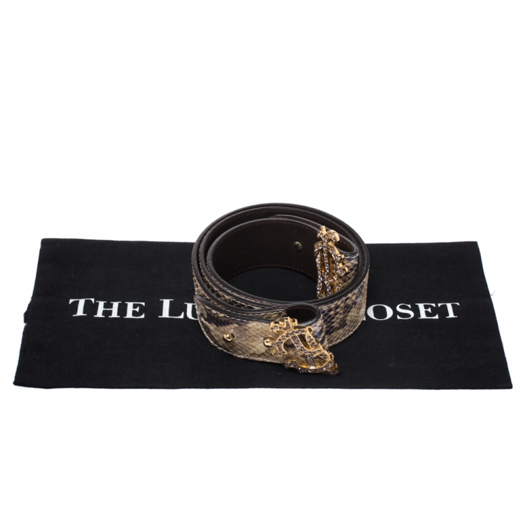 Pre Owned Roberto Cavalli Beige Iridescent Python Logo Buckle Belt 95CM