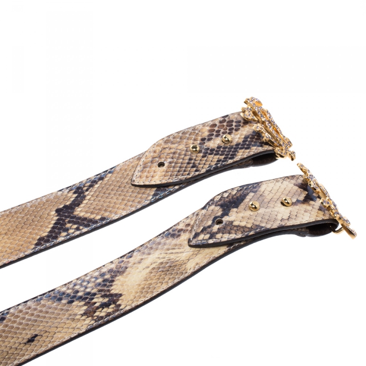 Pre Owned Roberto Cavalli Beige Iridescent Python Logo Buckle Belt 95CM