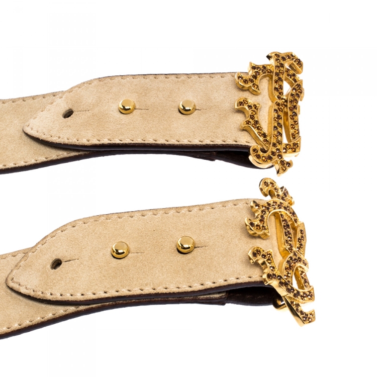 Pre Owned Roberto Cavalli Beige Suede Logo Buckle Belt 95CM