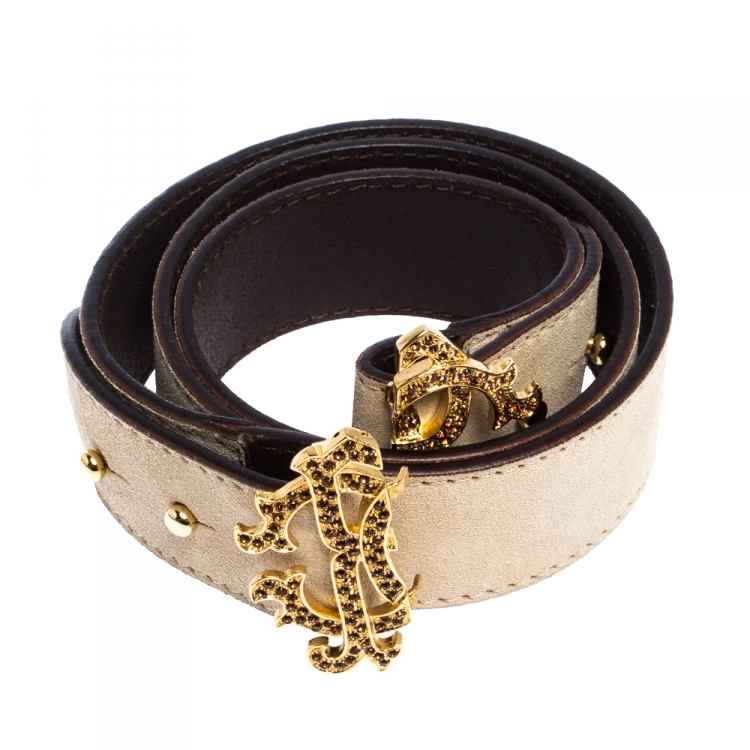 Pre Owned Roberto Cavalli Beige Suede Logo Buckle Belt 95CM