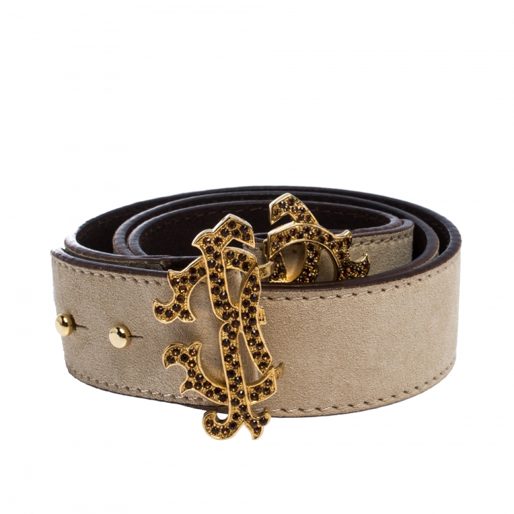 Pre Owned Roberto Cavalli Beige Suede Logo Buckle Belt 95CM