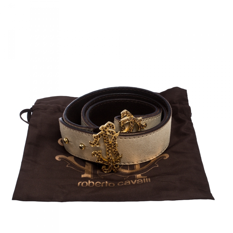 Pre Owned Roberto Cavalli Beige Suede Logo Buckle Belt 95CM
