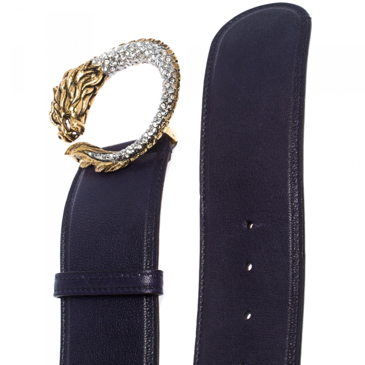 Pre Owned Roberto Cavalli Navy Blue Leather Dragon Buckle Belt 95CM
