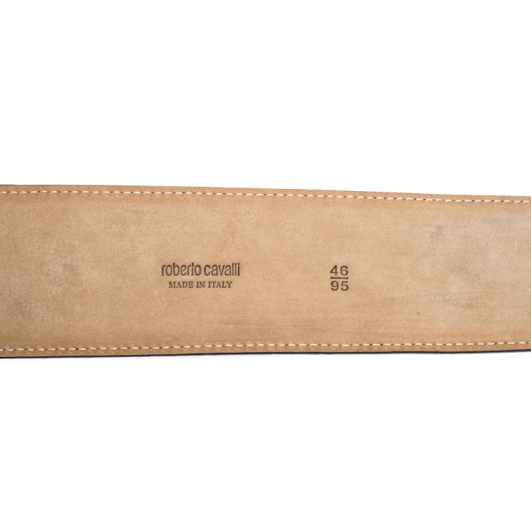 Pre Owned Roberto Cavalli Navy Blue Leather Dragon Buckle Belt 95CM