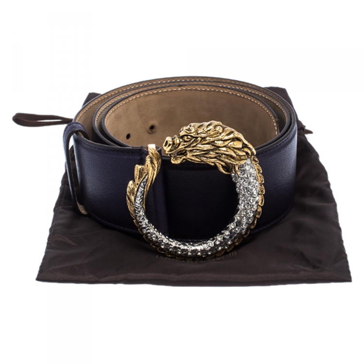 Pre Owned Roberto Cavalli Navy Blue Leather Dragon Buckle Belt 95CM
