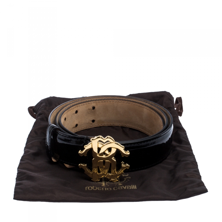 Pre Owned Roberto Cavalli Black Patent Leather Logo Buckle Belt 95CM