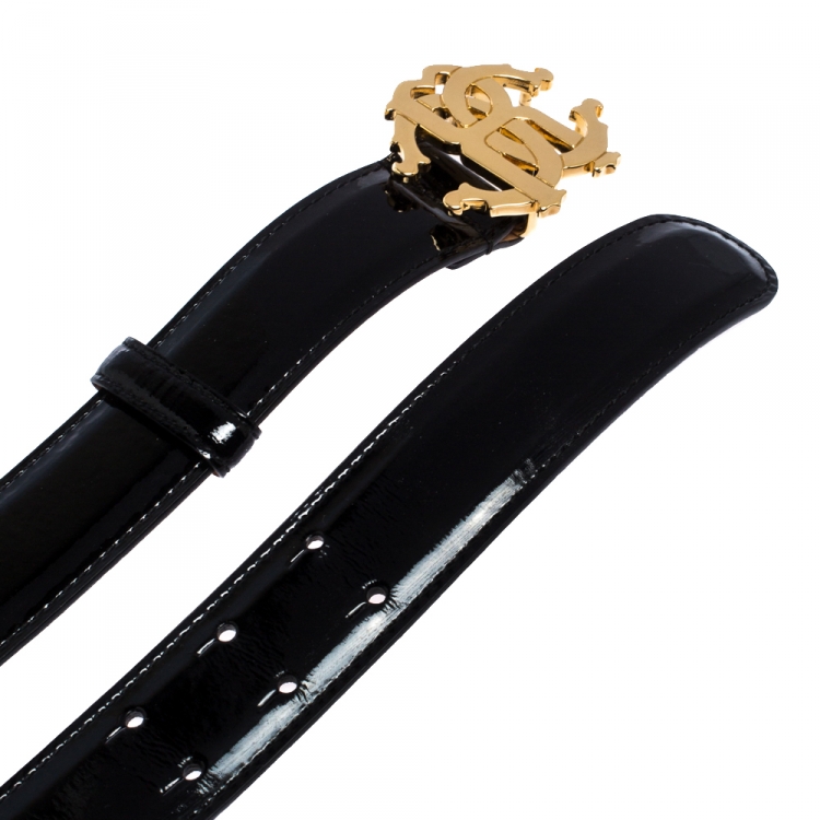 Pre Owned Roberto Cavalli Black Patent Leather Logo Buckle Belt 95CM