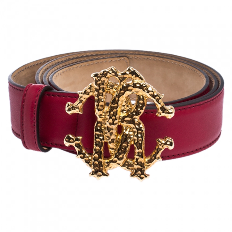 Pre Owned Roberto Cavalli Red Leather Logo Buckle Belt 95CM