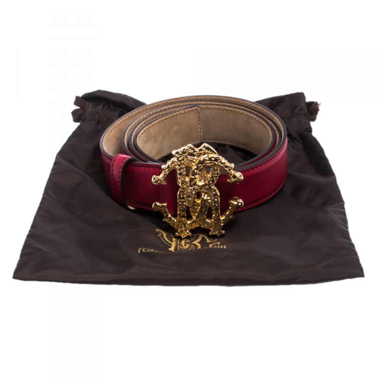 Pre Owned Roberto Cavalli Red Leather Logo Buckle Belt 95CM