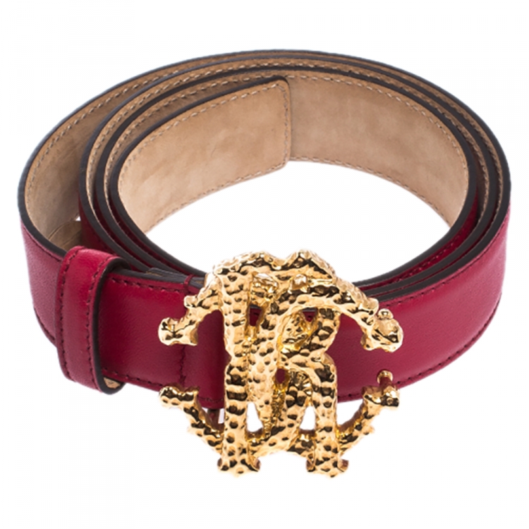 Pre Owned Roberto Cavalli Red Leather Logo Buckle Belt 95CM