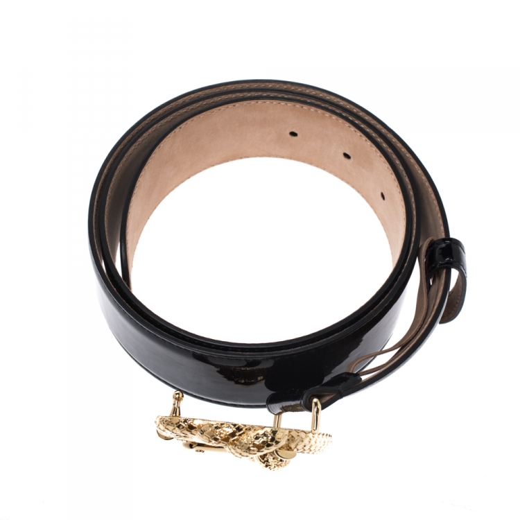 Pre Owned Roberto Cavalli Black Patent Leather Snake Buckle Belt 95CM