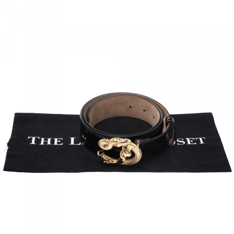 Pre Owned Roberto Cavalli Black Patent Leather Snake Buckle Belt 95CM