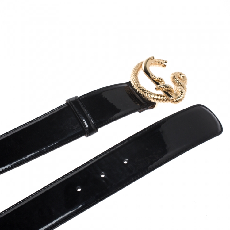 Pre Owned Roberto Cavalli Black Patent Leather Snake Buckle Belt 95CM