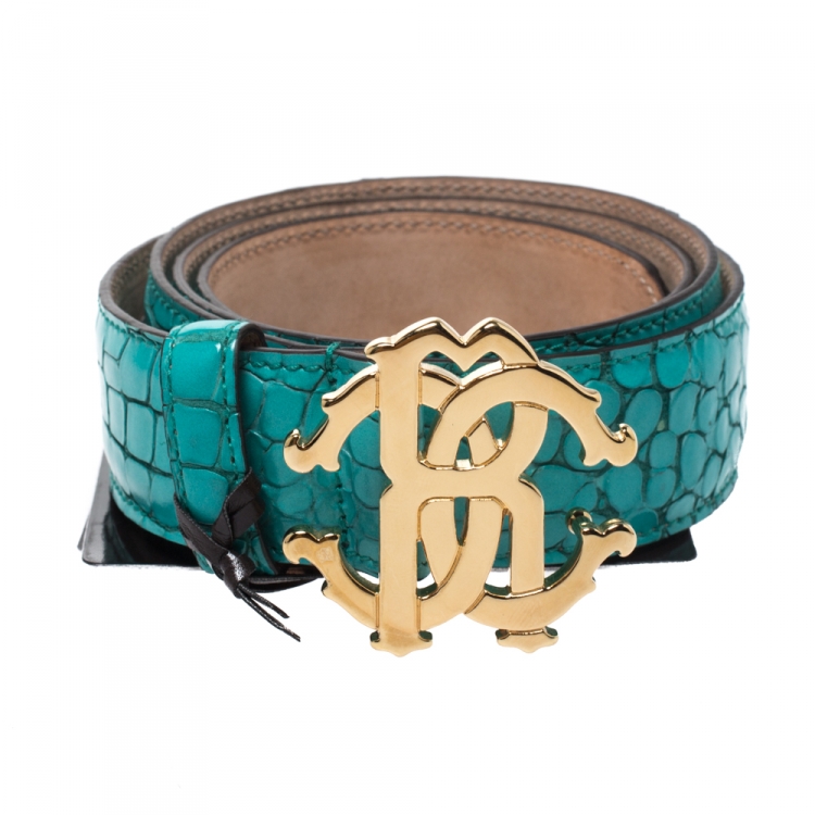Pre Owned Roberto Cavalli Turquoise Croc Embossed Leather Logo Buckle Belt 95CM