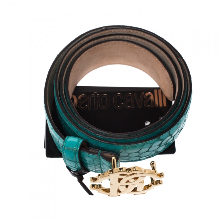 Pre Owned Roberto Cavalli Turquoise Croc Embossed Leather Logo Buckle Belt 95CM