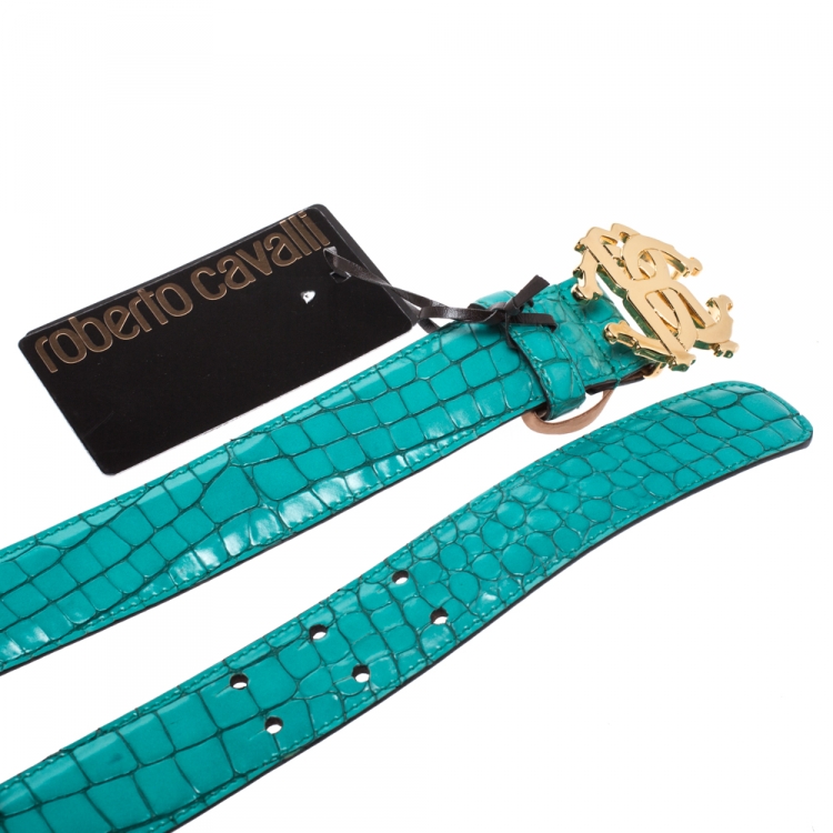 Pre Owned Roberto Cavalli Turquoise Croc Embossed Leather Logo Buckle Belt 95CM