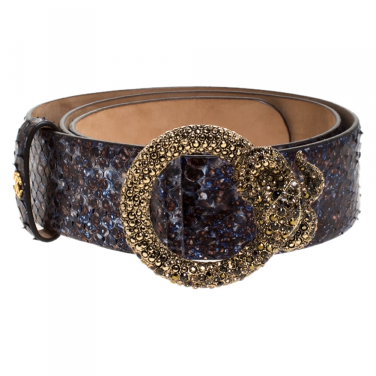 Pre Owned Roberto Cavalli Blue Snakeskin Effect Leather Buckle Belt 85CM