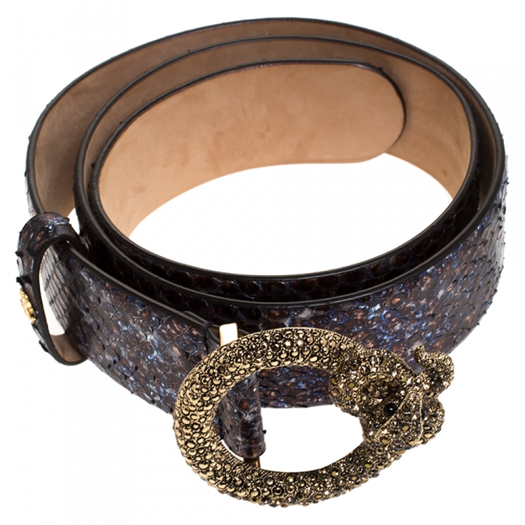 Pre Owned Roberto Cavalli Blue Snakeskin Effect Leather Buckle Belt 85CM