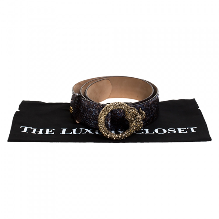 Pre Owned Roberto Cavalli Blue Snakeskin Effect Leather Buckle Belt 85CM