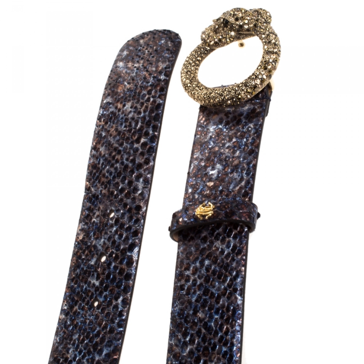Pre Owned Roberto Cavalli Blue Snakeskin Effect Leather Buckle Belt 85CM