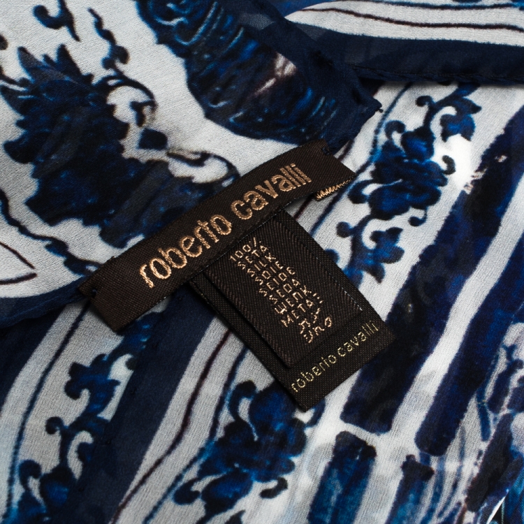 Pre Owned Roberto Cavalli Blue & White Tile Printed Silk Stole