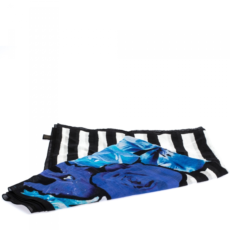 Pre Owned Roberto Cavalli Black & Blue Striped Floral Print Silk Blend Stole