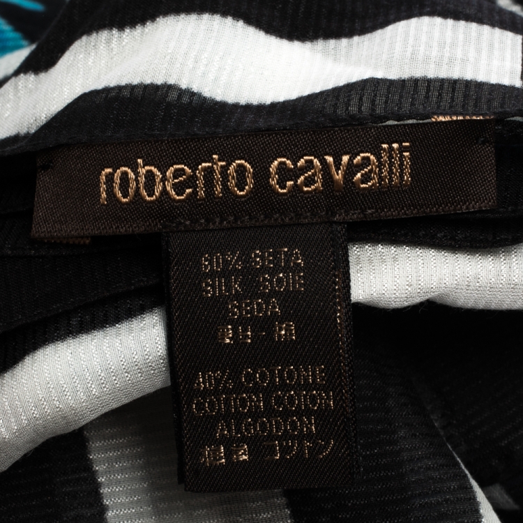 Pre Owned Roberto Cavalli Black & Blue Striped Floral Print Silk Blend Stole