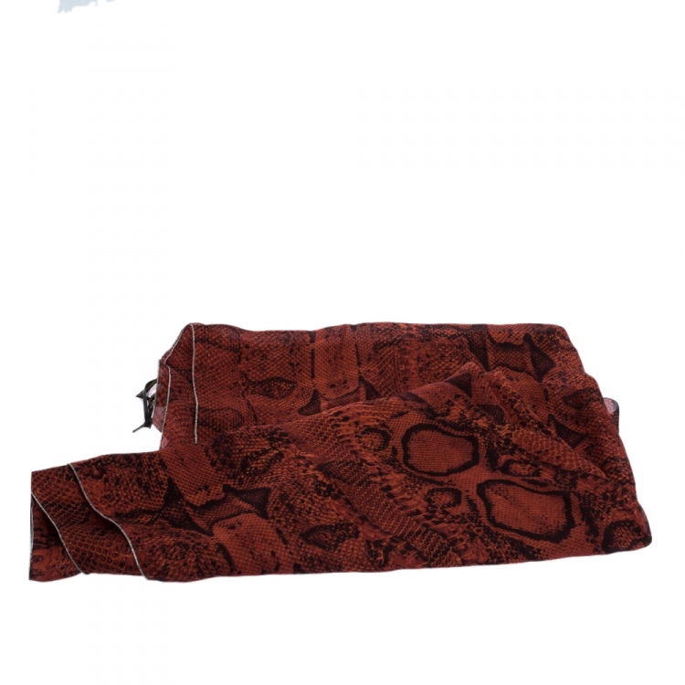 Pre Owned Roberto Cavalli Red Snakeskin Print Silk Stole 