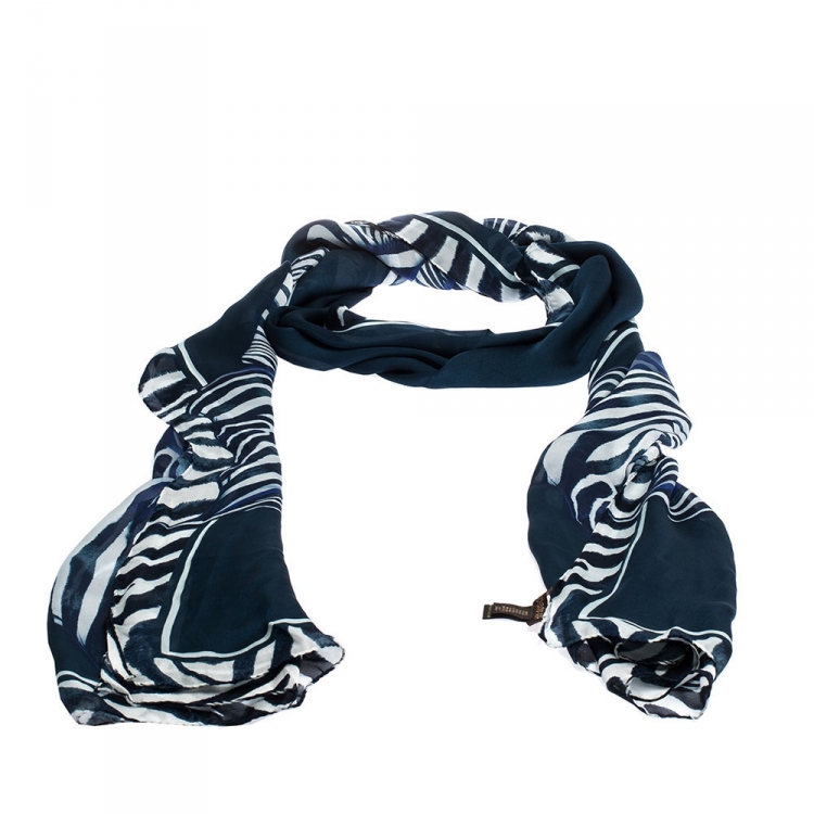 Pre Owned Roberto Cavalli Blue & White Abstract Print Silk Scarf
