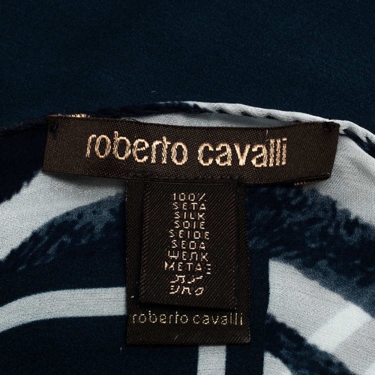 Pre Owned Roberto Cavalli Blue & White Abstract Print Silk Scarf