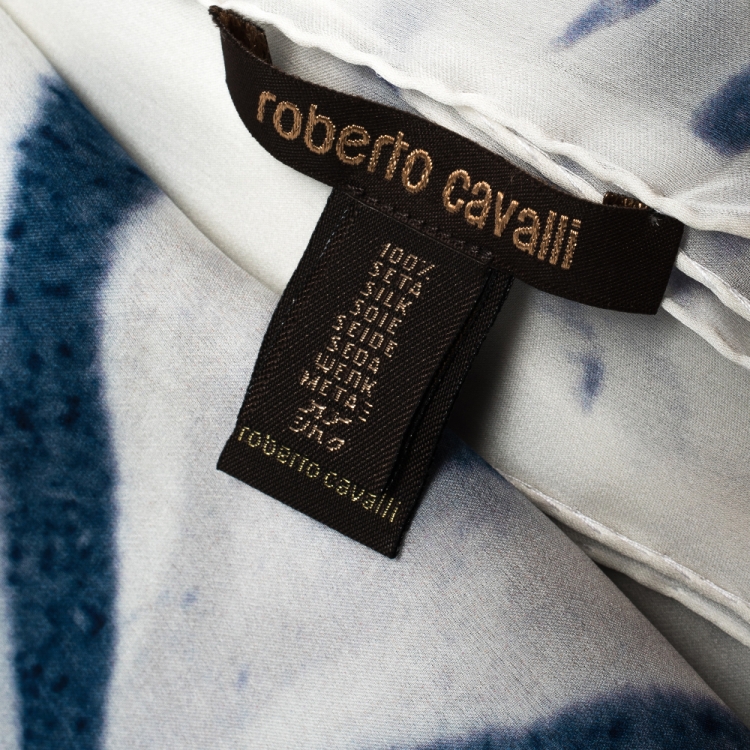 Pre Owned Roberto Cavalli Blue & White Tiger Printed Silk Scarf