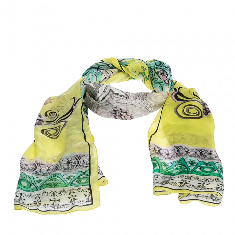 Pre Owned Roberto Cavalli Yellow Abstract Printed Silk Scarf